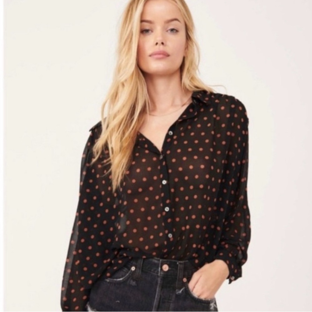 Free People Black and Brown Polka Dot Button Down Shirt